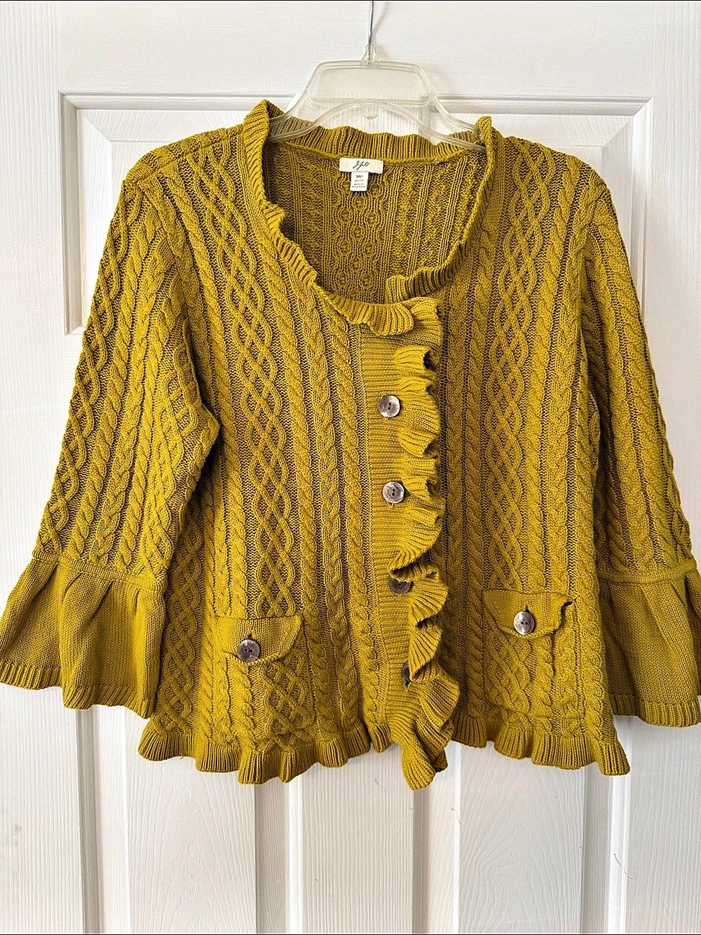 J Jill Cotton Cable Knit Ruffle Cardigan Size Medium